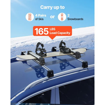 Ski & Snowboard Roof Rack, Carry up to 4 Pairs of Skis or 2 Snowboards, 2 PCS Aluminum Universal Car Roof Rack with Lock & Rubber Padding, Carrier for Fishing Rod, Fit Most Slotted Crossbars
