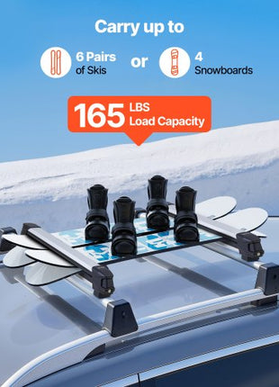 Ski & Snowboard Roof Rack, Carry up to 6 Pairs of Skis or 4 Snowboards, 2 PCS Aluminum Universal Car Roof Rack with Lock & Rubber Padding, Carrier for Fishing Rod, Fit Most Slotted Crossbars