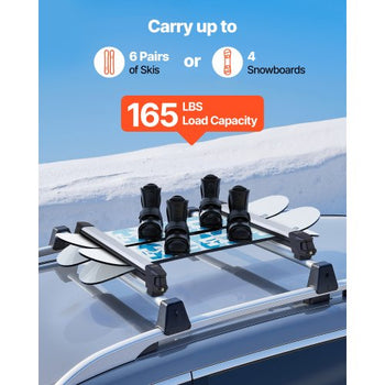 Ski & Snowboard Roof Rack, Carry up to 6 Pairs of Skis or 4 Snowboards, 2 PCS Aluminum Universal Car Roof Rack with Lock & Rubber Padding, Carrier for Fishing Rod, Fit Most Slotted Crossbars