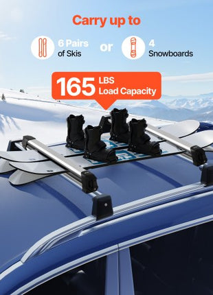 Ski & Snowboard Roof Rack, Carry up to 6 Pairs of Skis or 4 Snowboards, 2 PCS Aluminum Universal Car Roof Rack Top Holder with Lock & Rubber Padding for Fishing Rod, Fit Most Slotted Crossbars