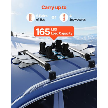 Ski & Snowboard Roof Rack, Carry up to 6 Pairs of Skis or 4 Snowboards, 2 PCS Aluminum Universal Car Roof Rack Top Holder with Lock & Rubber Padding for Fishing Rod, Fit Most Slotted Crossbars