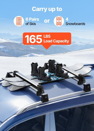 Ski & Snowboard Roof Rack, Carry up to 6 Pairs of Skis or 4 Snowboards, 2 PCS Aluminum Universal Car Roof Rack Top Holder with Lock and Rubber Padding for Fishing Pole Rod, Fit Most Crossbars