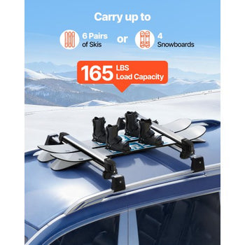 Ski & Snowboard Roof Rack, Carry up to 6 Pairs of Skis or 4 Snowboards, 2 PCS Aluminum Universal Car Roof Rack Top Holder with Lock and Rubber Padding for Fishing Pole Rod, Fit Most Crossbars