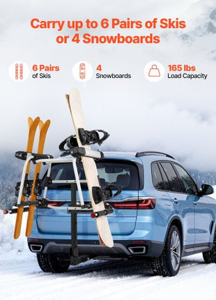 Hitch Mounted Ski & Snowboard Rack, Fits 2-Inch Receiver, Carries up to 6 Pairs of Skis or 4 Snowboards, Hitch-Mounted Rack for Car with Key Lock, Security Strap, Tilt Access, Rubber Padding