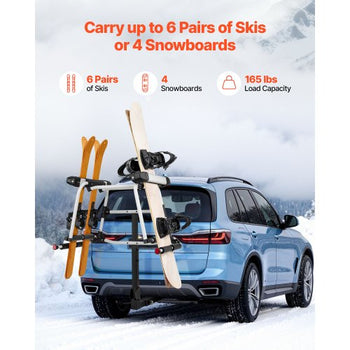 Hitch Mounted Ski & Snowboard Rack, Fits 2-Inch Receiver, Carries up to 6 Pairs of Skis or 4 Snowboards, Hitch-Mounted Rack for Car with Key Lock, Security Strap, Tilt Access, Rubber Padding