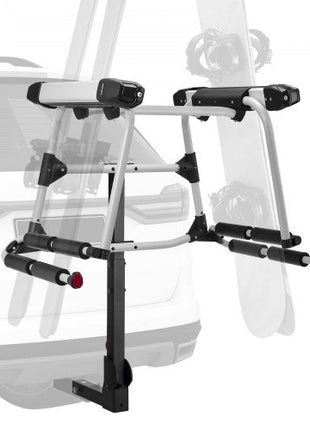 Hitch Mounted Ski & Snowboard Rack, Fits 2-Inch Receiver, Carries up to 6 Pairs of Skis or 4 Snowboards, Hitch-Mounted Rack for Car with Key Lock, Security Strap, Tilt Access, Rubber Padding