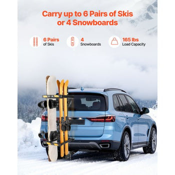 Folding Hitch Mounted Ski & Snowboard Rack, Fits 2-Inch Receiver, Carries up to 6 Pairs of Skis or 4 Snowboards, Adjustable Hitch-Mounted Rack for Car with Key Lock, Security Strap, Tilt Access