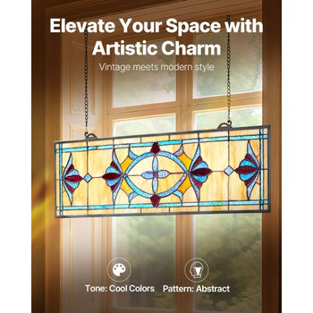 Stained Glass Window Panel, 32 x 10 in, Tiffany Style Hanging Transom Window Panel with Chain, Large Horizontal Rectangle Stain Glass, Vintage Traditional Art Handcrafts for Kitchen Home Decor