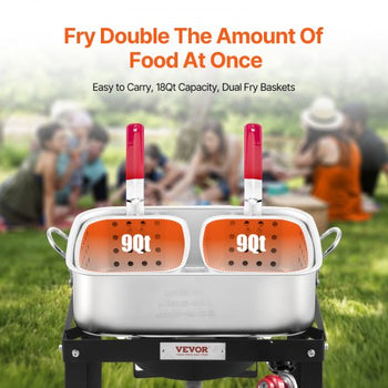 18 Qt Fish and Wing Fryer with Double Basket, Aluminum Propane Fish Fryer Kit, Outdoor Deep Fryer Seafood Pot with Thermometer and 58,000 BTUs Propane Burners, for Outdoor and Backyard Cooking