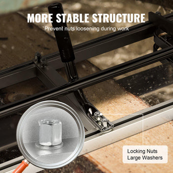 Black metal locking nuts and large washers for stable structure; ideal for securing equipment during work.