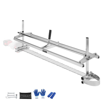 Stainless steel adjustable log saw with gloves and accessories, perfect for precise cutting in woodworking projects.