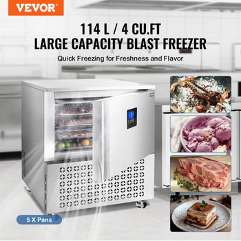 Commercial Blast Freezer, 114 L / 4 Cu.ft Blast Chiller with 5 Trays, Blast Chiller Freezer Chest with 4 Freezing Modes, Stainless Steel Food Blast Freezer with Casters for Restaurant, Seafood