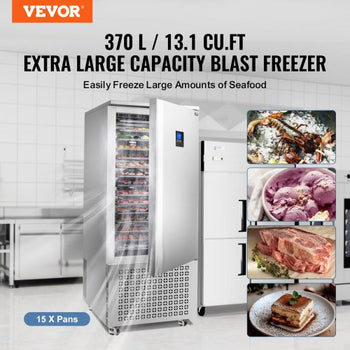 Commercial Blast Freezer, 370 L / 13.1 Cu.ft Blast Chiller with 15 Trays, Blast Chiller Freezer Chest with 4 Freezing Modes, Stainless Steel Food Blast Freezer with Casters for Restaurant, Seafood