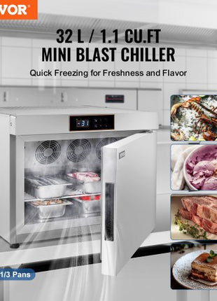 Commercial Blast Freezer, 32 L / 1.1 Cu.ft Blast Chiller with 4 1/3 Trays, Blast Chiller Freezer Chest with Cooling & Freezing Modes, Stainless Steel Food Blast Freezer for Restaurant, Seafood