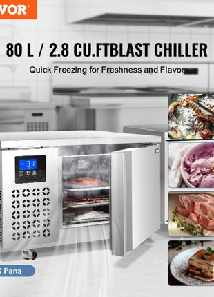 Commercial Blast Freezer, 80 L / 2.8 Cu.ft Blast Chiller with 3 Trays, Blast Chiller Freezer Chest with 4 Freezing Modes, Stainless Steel Food Blast Freezer with Casters for Restaurant, Seafood