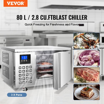 Commercial Blast Freezer, 80 L / 2.8 Cu.ft Blast Chiller with 3 Trays, Blast Chiller Freezer Chest with 4 Freezing Modes, Stainless Steel Food Blast Freezer with Casters for Restaurant, Seafood