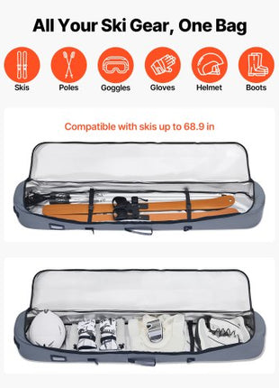 Snowboard Bag, Up to 65 in/165 cm, Padded Skis & Snowboards Bag for Air Travel, 600D Waterproof Oxford Fabric, with Adjustable Inner Straps, for Skis Poles Goggles Gloves Helmet Boots (Gray)