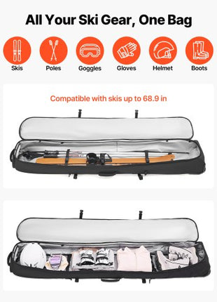 Ski Roller Bag, Up to 68.9 in/175 cm, Padded Snowboard Bag with Wheels for Air Travel, 600D Waterproof Oxford Fabric, with Adjustable Straps, for Skis Poles Goggles Gloves Helmet Boots (Black)