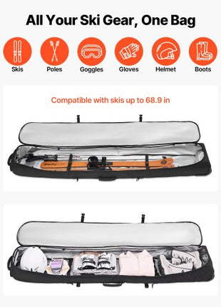 Ski Roller Bag, Up to 74.8 in/190 cm, Padded Snowboard Bag with Wheels for Air Travel, 600D Waterproof Oxford Fabric, with Adjustable Straps, for Skis Poles Goggles Gloves Helmet Boots (Black)