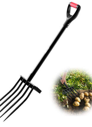 Garden Fork, 5-Tine Gardening Pitchfork with Metal Handle, 41 in Heavy Duty Digging Fork with Y Grip, Forged Steel Spading Fork for Hay Potato Composting Transplanting Aeration