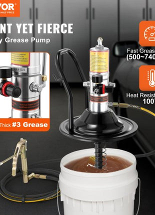 Grease Pump, 50:1 Pressure Ratio Air Operated Grease Pump with 13 ft High Pressure Hose and Grease Gun, Pneumatic Grease Pump with Barrel Cap, Portable Lubrication Grease Pump 360° Gun Head