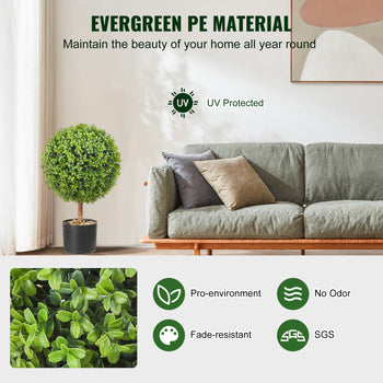 Evergreen PE faux topiary plant in black pot, UV-protected, eco-friendly, fade-resistant, perfect for indoor decor.
