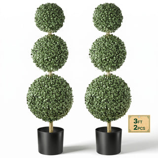 Artificial Boxwood Topiary Triple Ball 3 Ft Set of 2 Greenery Decor, Premium PE Fake Trees, Year-Round Indoor & Outdoor Faux Green Plant for Front Door, Entryway, Porch, Balcony, Patio, Garden
