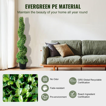 Artificial evergreen plant in a sleek black pot, featuring vibrant green foliage, made from durable, eco-friendly PE material.
