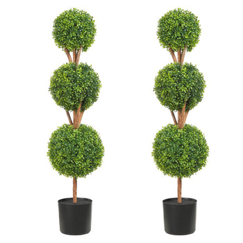 Set of 2 artificial topiary trees with three lush green spherical layers in black pots for stylish home decor.