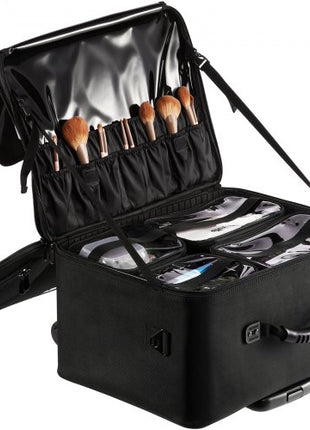 Rolling Makeup Train Case Large Storage 3 Tiers, Convenient Carry With Handle, Wheels, Strap, Professional Makeup Storage Organizer Box Make Up Carrier Waterproof Oxford, Black