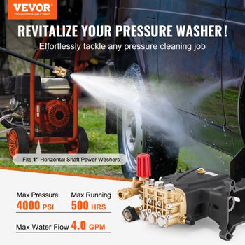 Pressure Washer Pump, 1" Shaft Horizontal Triplex Plunger, 4000 PSI, 4.0GPM, Replacement Power Washer Pumps Kit with 5 Nozzles, Compatible with Simpson MorFlex 40224, 40225, 40226, Santoprene