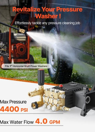 Pressure Washer Pump, 1" Shaft Horizontal Triplex Plunger, 3600 PSI, 3.7 GPM, Replacement Power Washer Pumps Kit with Siphon Tube, Hardware, Compatible with Simpson MorFlex 40224, 40225, 40226