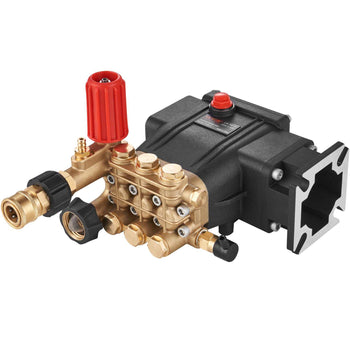 Brass and black high-pressure washer pump with red knob and multiple connection ports for efficient cleaning.