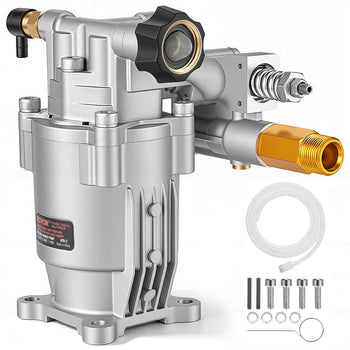 Metallic silver high-pressure water pump with brass fittings and accessories, ideal for various water transfer applications.