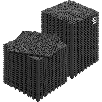 Black interlocking plastic flooring tiles, 50 pieces, modular design for versatile indoor and outdoor use.