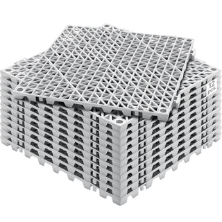 White interlocking plastic tiles, 12 pieces, lightweight, durable, perfect for outdoor decking or indoor flooring.