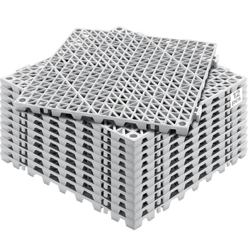 White interlocking plastic tiles, 12 pieces, lightweight, durable, perfect for outdoor decking or indoor flooring.