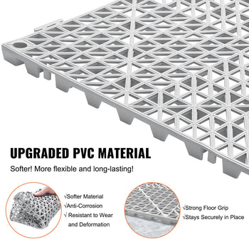 Gray upgraded PVC interlocking floor tiles, soft, anti-corrosive, resistant to wear, with a diamond pattern for strong grip.