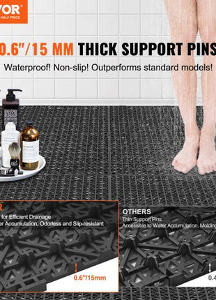 Interlocking Tile 55PCS Black, Drainage Tiles 12" x 12" Splicing, Soft PVC Interlocking Drainage Floor Tiles, Non-Slip Drainage Holes for Restroom, Bathroom, Kitchen, Pool, Wet Areas