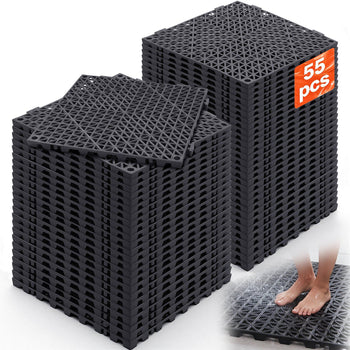 Black interlocking drainage tiles set, 55 pieces, made of durable plastic, perfect for outdoor patios or wet areas.