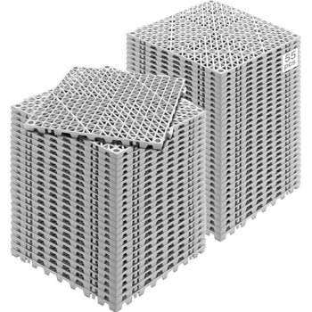 Set of 55 gray interlocking plastic floor tiles, ideal for outdoor or garage use, featuring a perforated design for drainage.