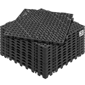 Set of 12 black interlocking plastic storage floor mats with a textured surface for durability and grip.
