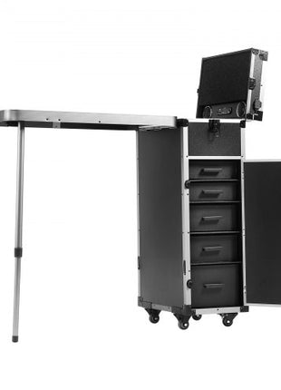 Professional Makeup Train Case Aluminum Cosmetic Case, Workbench With Supporting Legs, Rolling Makeup Case Extra Large Trolley Makeup Travel Organizer, with 360° Swivel Wheels, Black