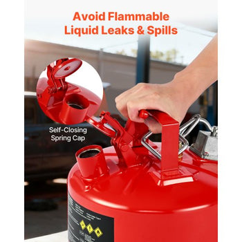 Safety Gas Can, 2.5 Gallon Type II Red Safety Can for Gasoline with Stainless Steel Flame Arrester, Self-Closing Lid & Flexible Metal Spout, Carbon Steel Flammable Storage with Ergonomic Handle