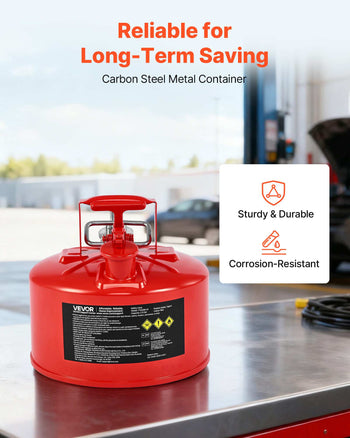 Safety Gas Can, 2.5 Gallon Type II Red Safety Can for Gasoline with Stainless Steel Flame Arrester, Self-Closing Lid & Flexible Metal Spout, Carbon Steel Flammable Storage with Ergonomic Handle