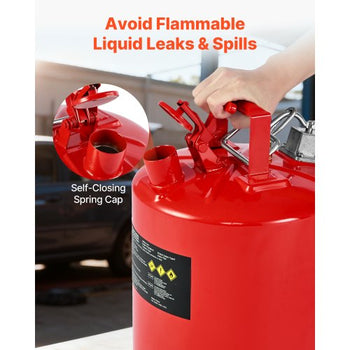 Safety Gas Can, 5 Gallon Type II Red Safety Can for Gasoline with Stainless Steel Flame Arrester, Self-Closing Lid & Flexible Metal Spout, Carbon Steel Flammable Storage with Ergonomic Handle