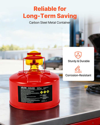 Safety Gas Can, 2.5 Gallon Type I Red Safety Can for Gasoline with Stainless Steel Flame Arrester, Self-Closing Lid, and PE Funnel, Carbon Steel Flammable Storage Container with Ergonomic Handle