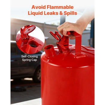 Safety Gas Can, 5 Gallon Type I Red Safety Can for Gasoline with Stainless Steel Flame Arrester, Self-Closing Lid, and PE Funnel, Carbon Steel Flammable Storage Container with Ergonomic Handle