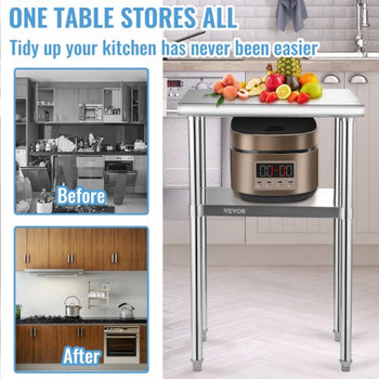Stainless Steel Prep Table, 24 x 18 x 36 Inch, 600lbs Load Capacity Heavy Duty Metal Worktable with Adjustable Undershelf & Feet, Commercial Workstation for Kitchen Restaurant Garage Backyard