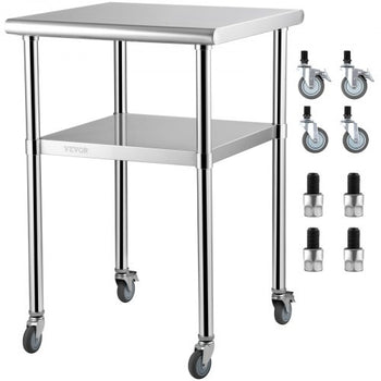 Mesa de preparaci?n de acero inoxidable, 24 x 24 x 36 pulgadas, capacidad de carga de 600 libras, mesa de trabajo de metal resistente con estante inferior ajustable y ruedas universales, estaci?
